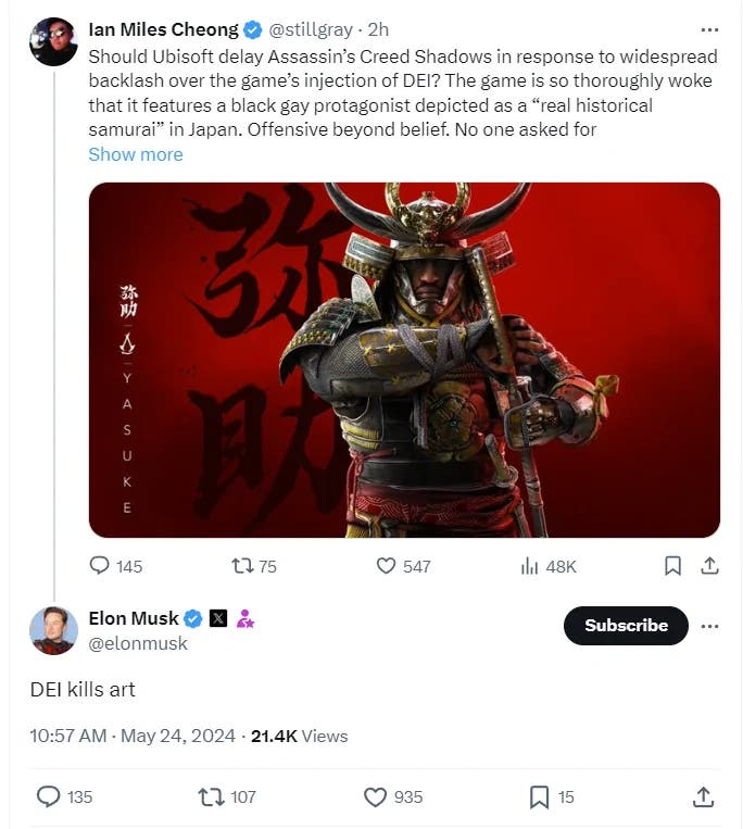 Elon Musk X post stating "DEI kills art"