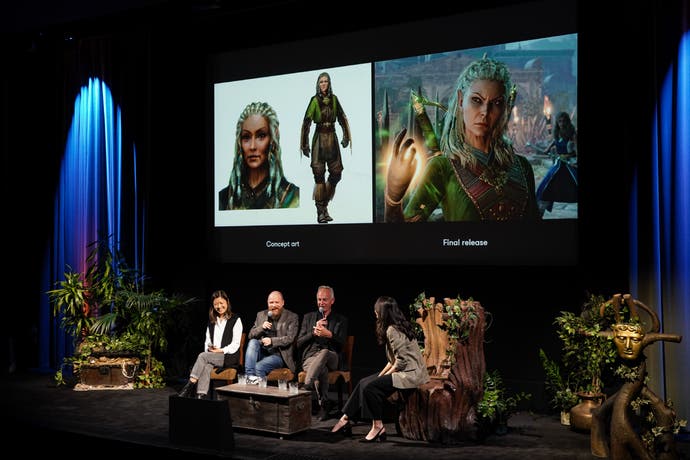 Photo of BAFTA event showing Swen Vincke, Chrystal Ding, Adam Smith on stage interviewed by Jane Douglas