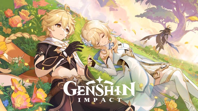 Official artowkr for Genshin Impact version 4.7 with Aether and Lumine lying down in a field of flowers with Dainsleif in the background.