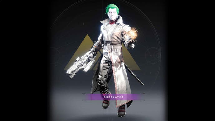 A screenshot of a green-haired Destiny 2 player character overlaid with the caption "Godslayer".