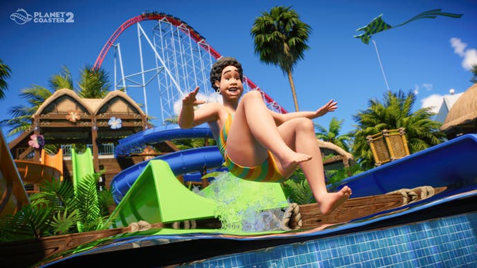 Planet Coaster 2 screenshot showing character jumping into a pool