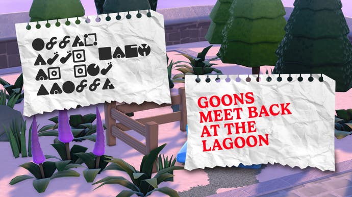 A mysterious Two Point tease that translates to "Goons meet back at the lagoon".