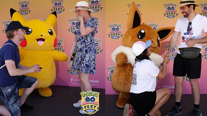 Pokémon players get down on one knee to propose to their partners, while Pikachu and Eevee look on.