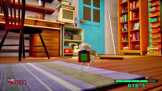 Screenshot of koROBO showing tiny cute robot walking across child's bedroom