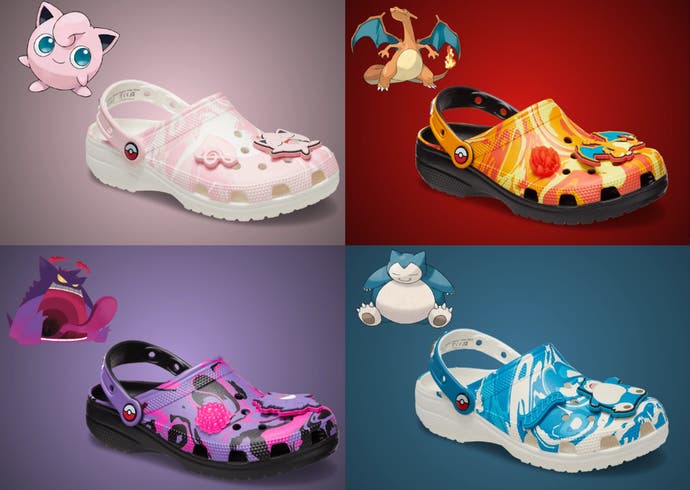 Image of four types of Pokemon Crocs based on Jigglypuff, Charizard, Gengar, and Snorlax