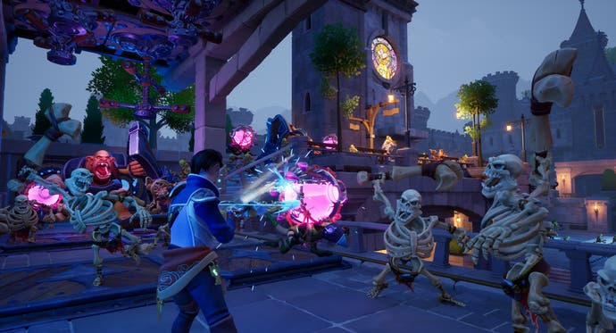 Orcs Must Die! Deathtrap screenshot showing male character fighting skeletons in a castle plaza, cartoonish style