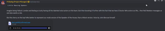 Screenshot of Fallout: London Discord with Bercow announcement