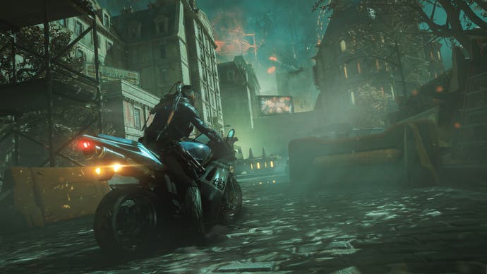 Warframe screenshot showing 1999 expansion protagonist Arthur Nightingale riding his motorbike through the moonlit streets of an Earth-like city.