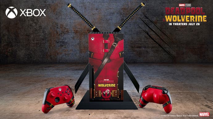 Screenshot of the Deadpool themed Xbox Series X console with two controllers