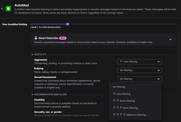 Screenshot of Twitch's AutoMod tool showing sexual harassment filter