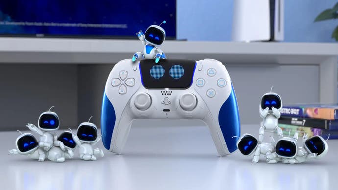 Astro Bot Dualsense with lil Astros climbing on it